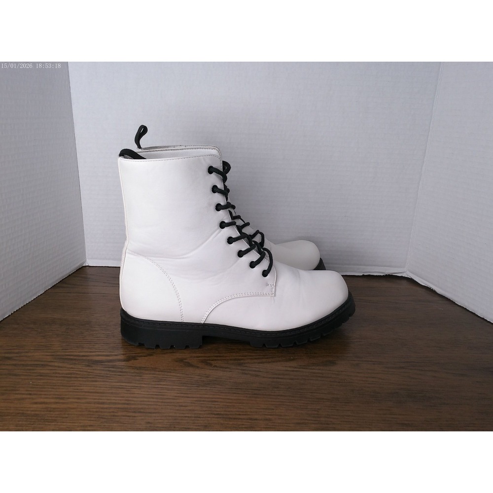 rue21 White Faux Leather Combat Boots with Black Contrast Sole